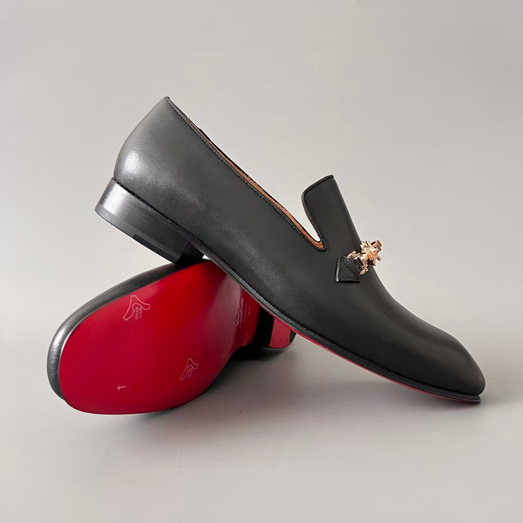 CL 【Red Sole】Men's Black Leather Loafers – Round-Toe, Slip-On, Comfortable & Sophisticated