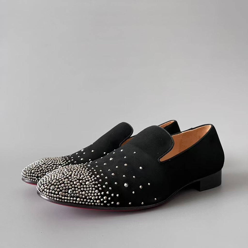 CL 【Red Sole】Greggo Men's Fashionable Casual-Gentleman Leather Shoes with Silver Rhinestones.