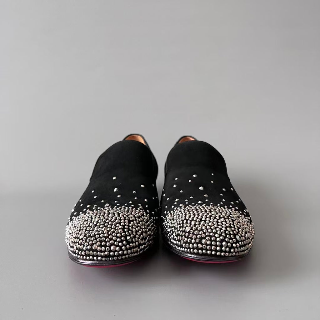 CL 【Red Sole】Greggo Men's Fashionable Casual-Gentleman Leather Shoes with Silver Rhinestones.