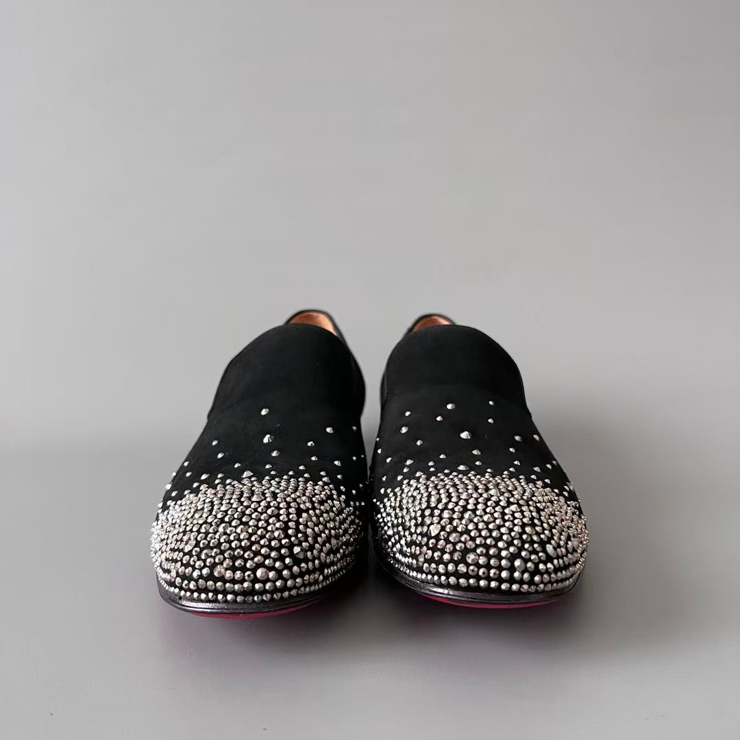 CL 【Red Sole】Greggo Men's Fashionable Casual-Gentleman Leather Shoes with Silver Rhinestones.