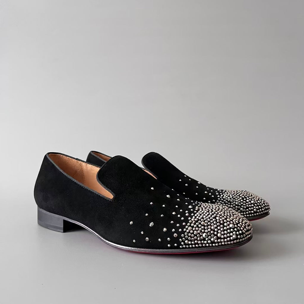 CL 【Red Sole】Greggo Men's Fashionable Casual-Gentleman Leather Shoes with Silver Rhinestones.