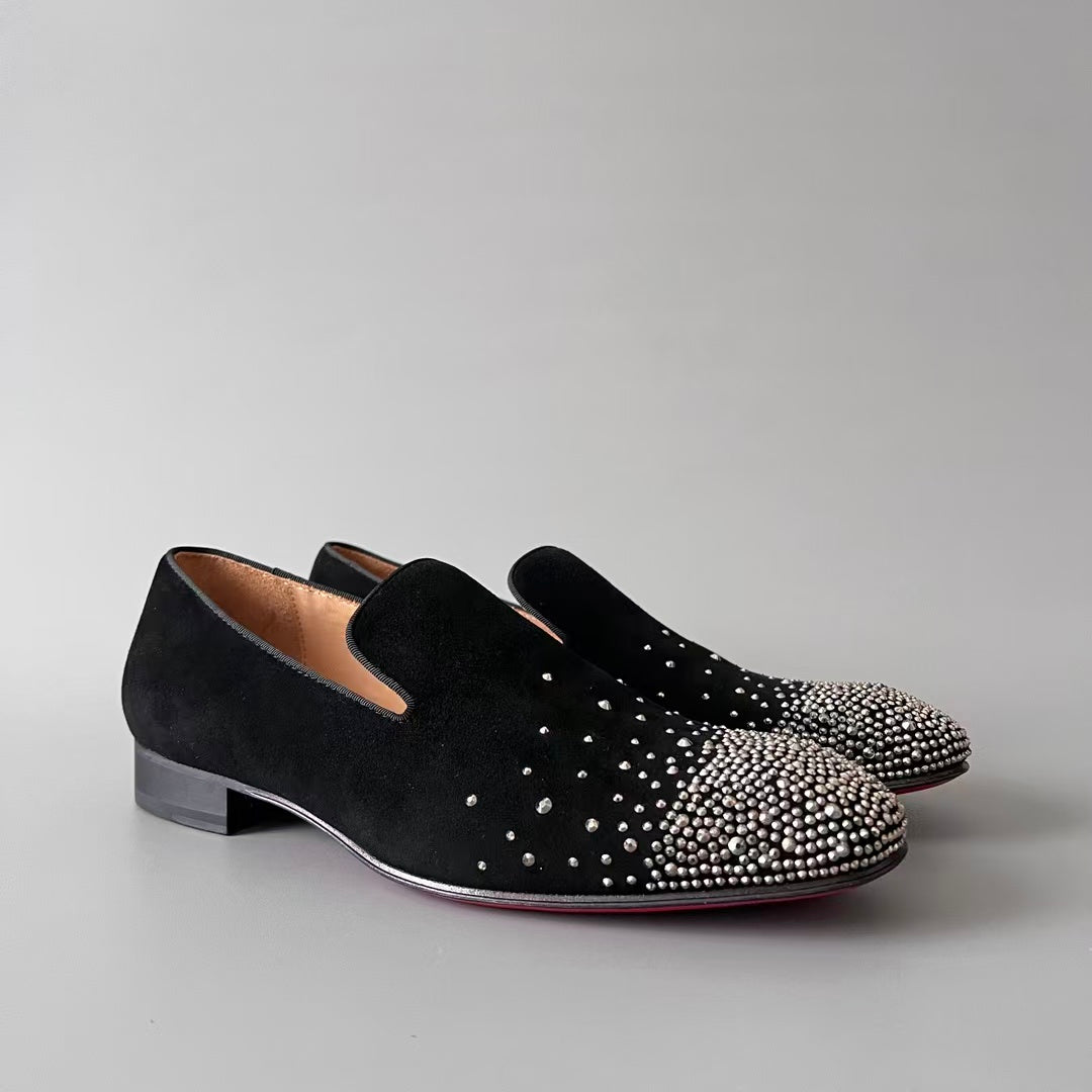 CL 【Red Sole】Greggo Men's Fashionable Casual-Gentleman Leather Shoes with Silver Rhinestones.