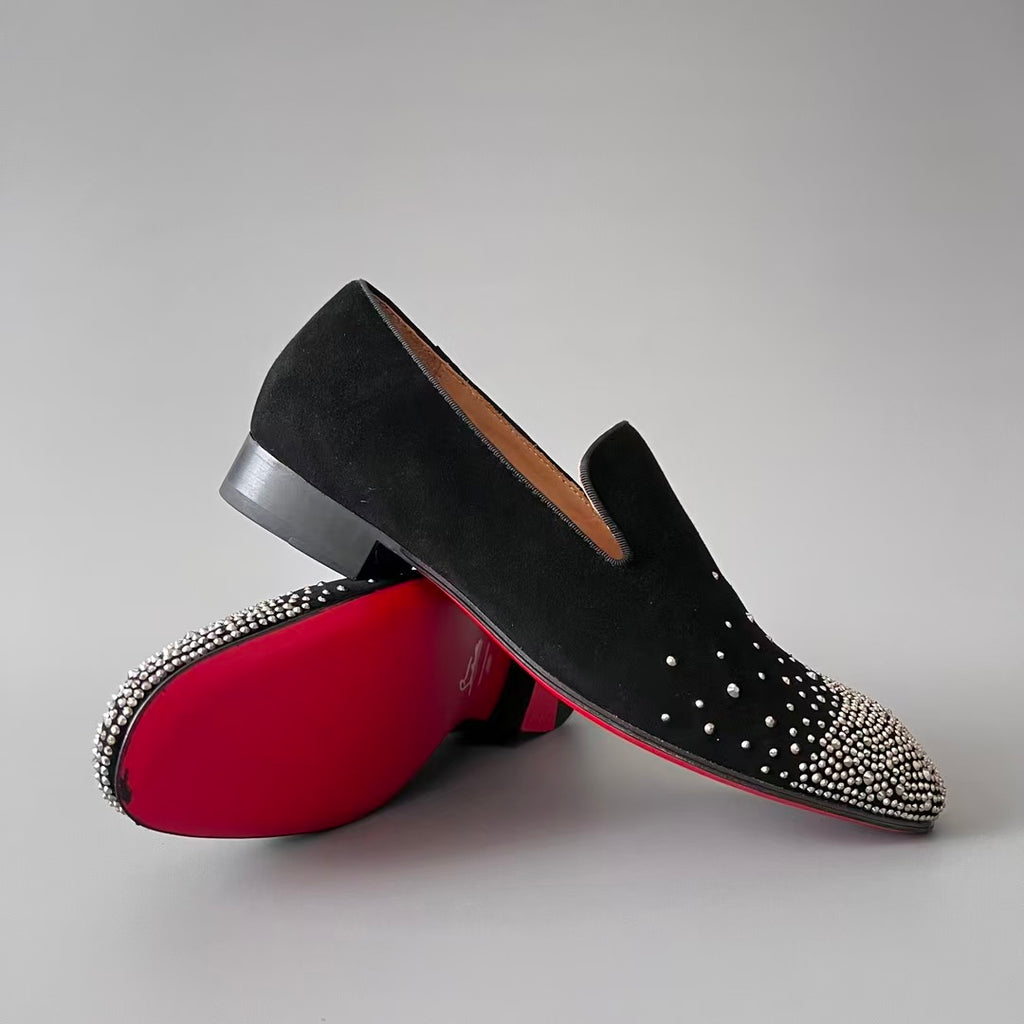 CL 【Red Sole】Greggo Men's Fashionable Casual-Gentleman Leather Shoes with Silver Rhinestones.