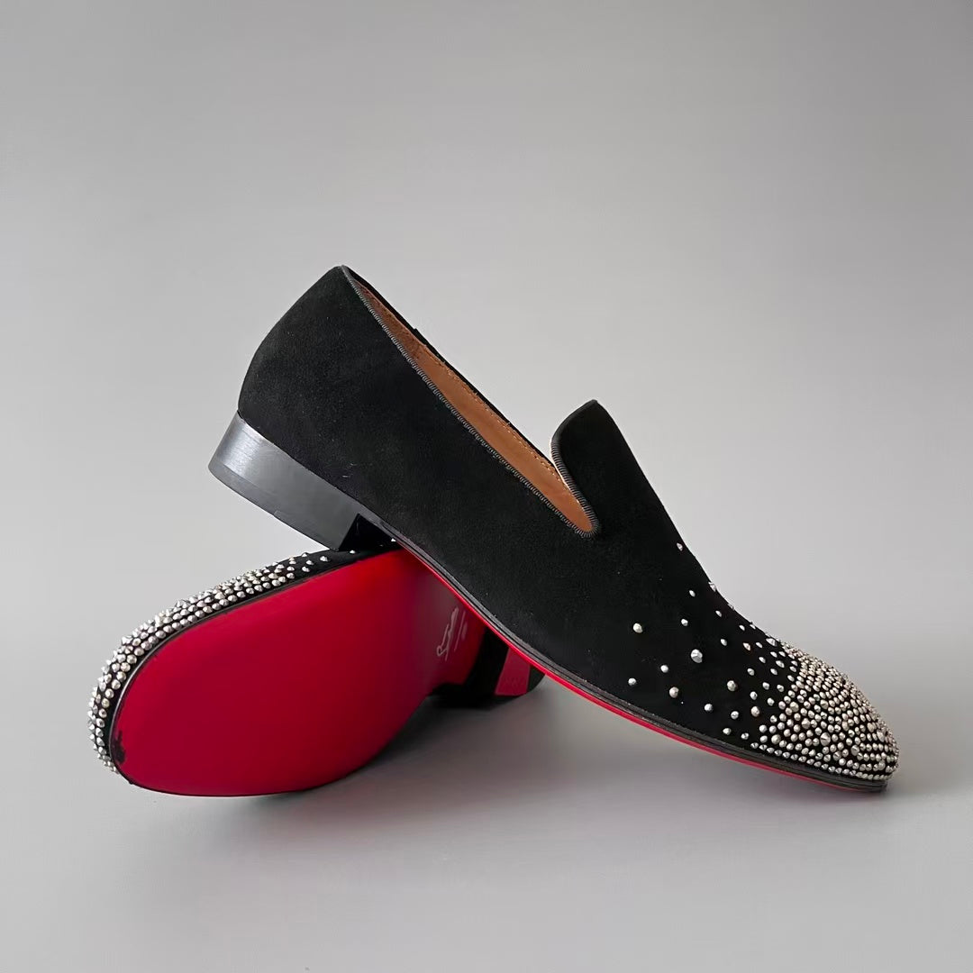CL 【Red Sole】Greggo Men's Fashionable Casual-Gentleman Leather Shoes with Silver Rhinestones.