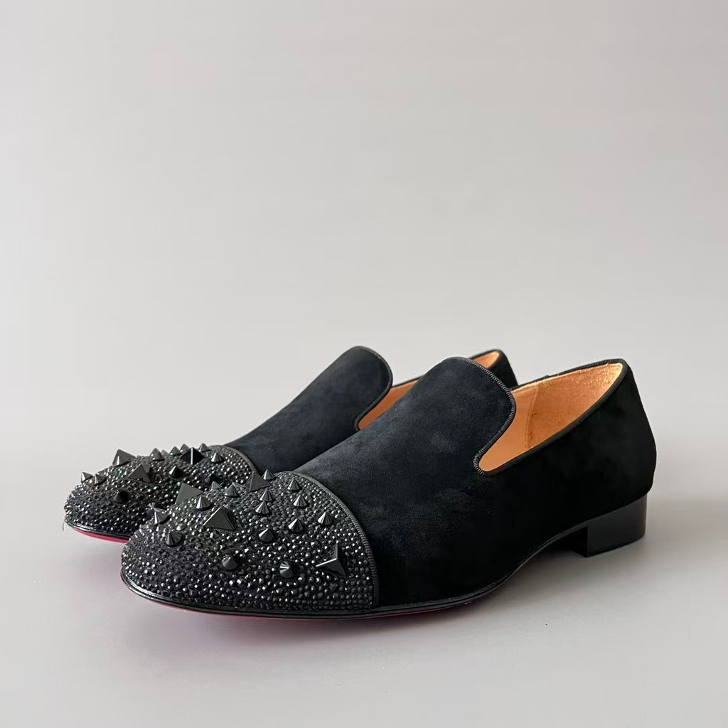 CL 【Red Sole】Greggo Men's Fashionable Casual-Gentleman Leather Shoes with Silver Rhinestones.