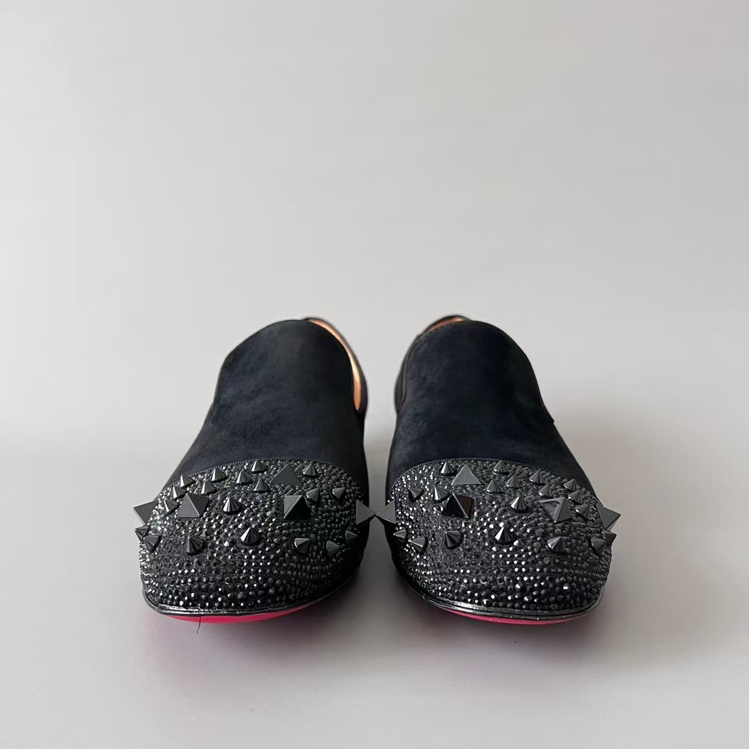 CL 【Red Sole】Greggo Men's Fashionable Casual-Gentleman Leather Shoes with Silver Rhinestones.