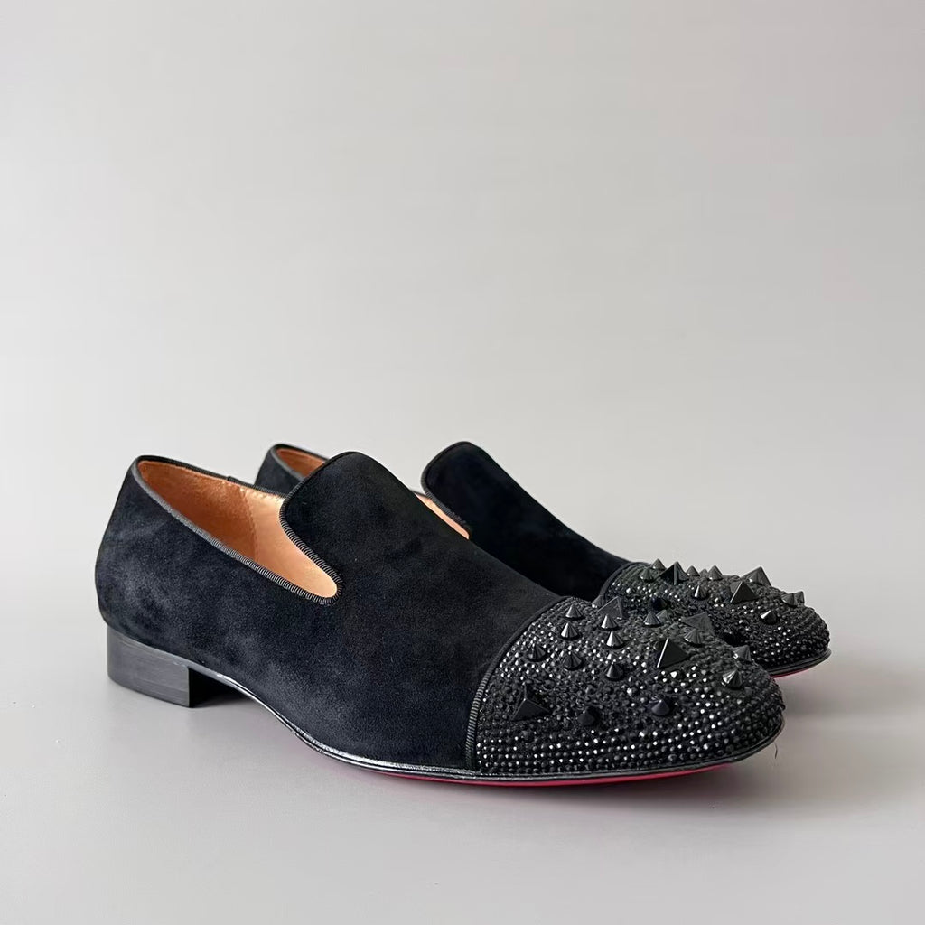 CL 【Red Sole】Greggo Men's Fashionable Casual-Gentleman Leather Shoes with Silver Rhinestones.