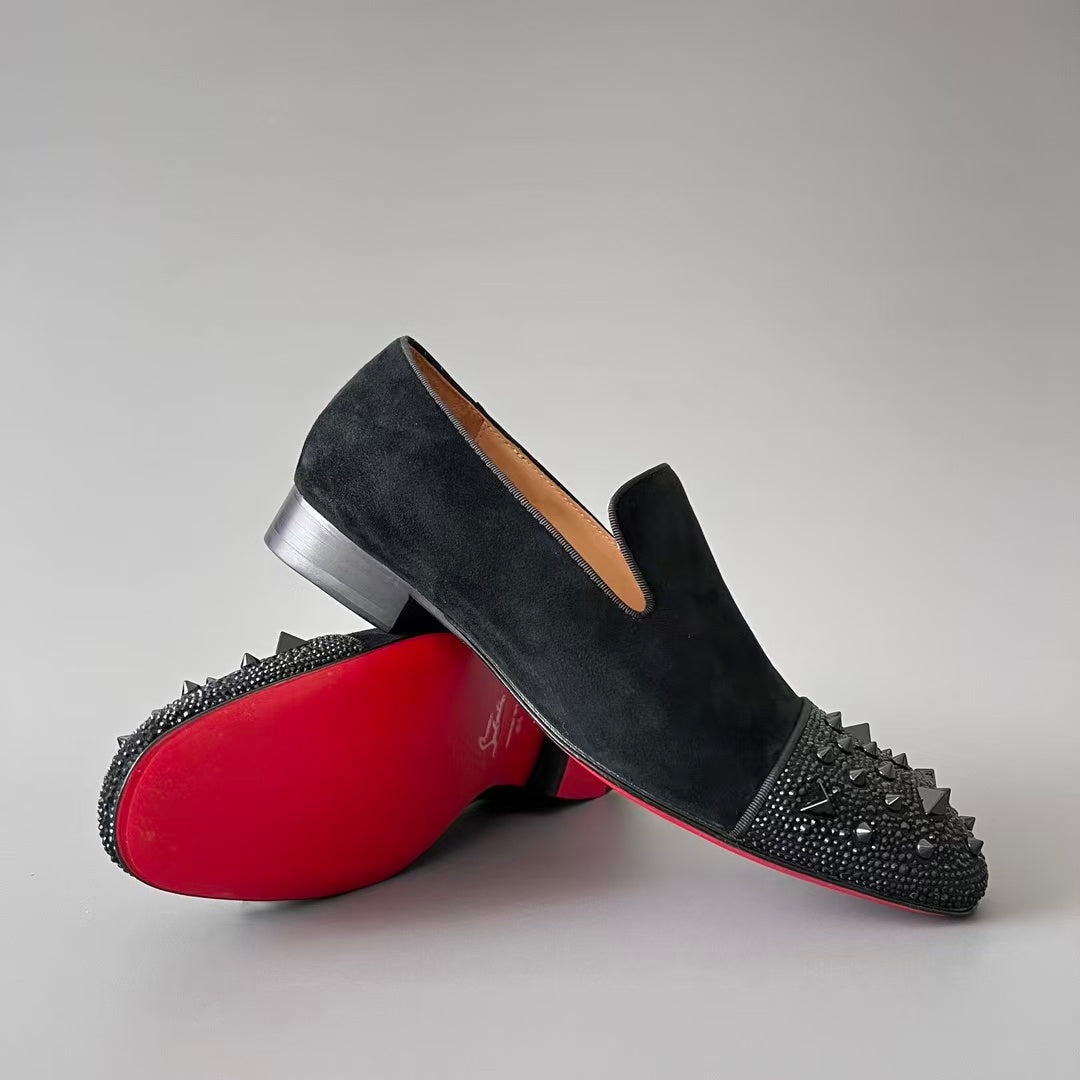 CL 【Red Sole】Greggo Men's Fashionable Casual-Gentleman Leather Shoes with Silver Rhinestones.