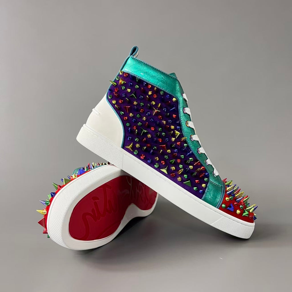 CL 【Red Sole】Lou Spikes high-top sneakers with colorful studs.