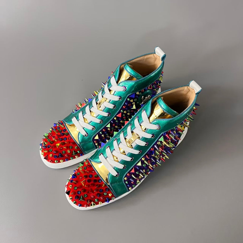 CL 【Red Sole】Lou Spikes high-top sneakers with colorful studs.