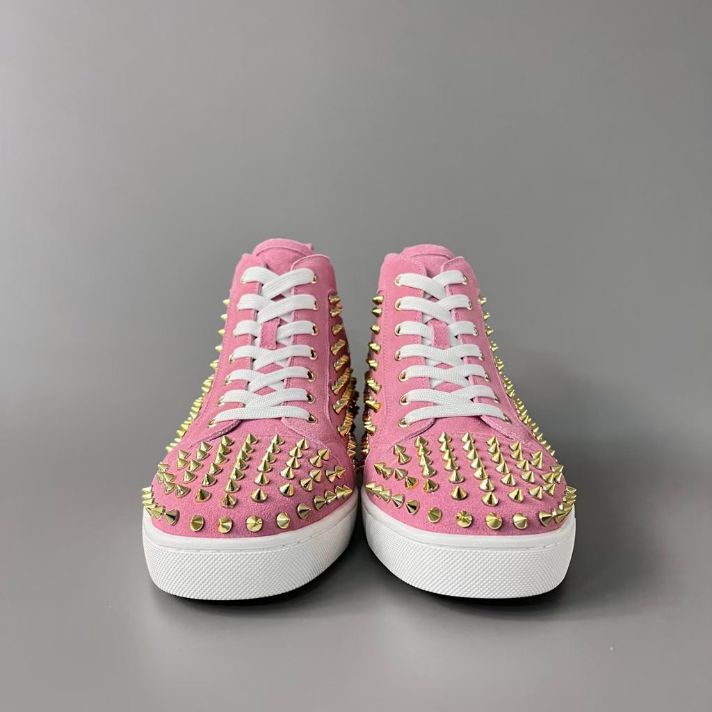 CL 【Red Sole】Lou Spikes high-top sneakers with pink-gold studs.