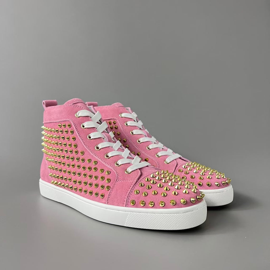 CL 【Red Sole】Lou Spikes high-top sneakers with pink-gold studs.