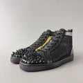 CL 【Red Sole】Lou Spikes high-top sneakers with black and gold studs.