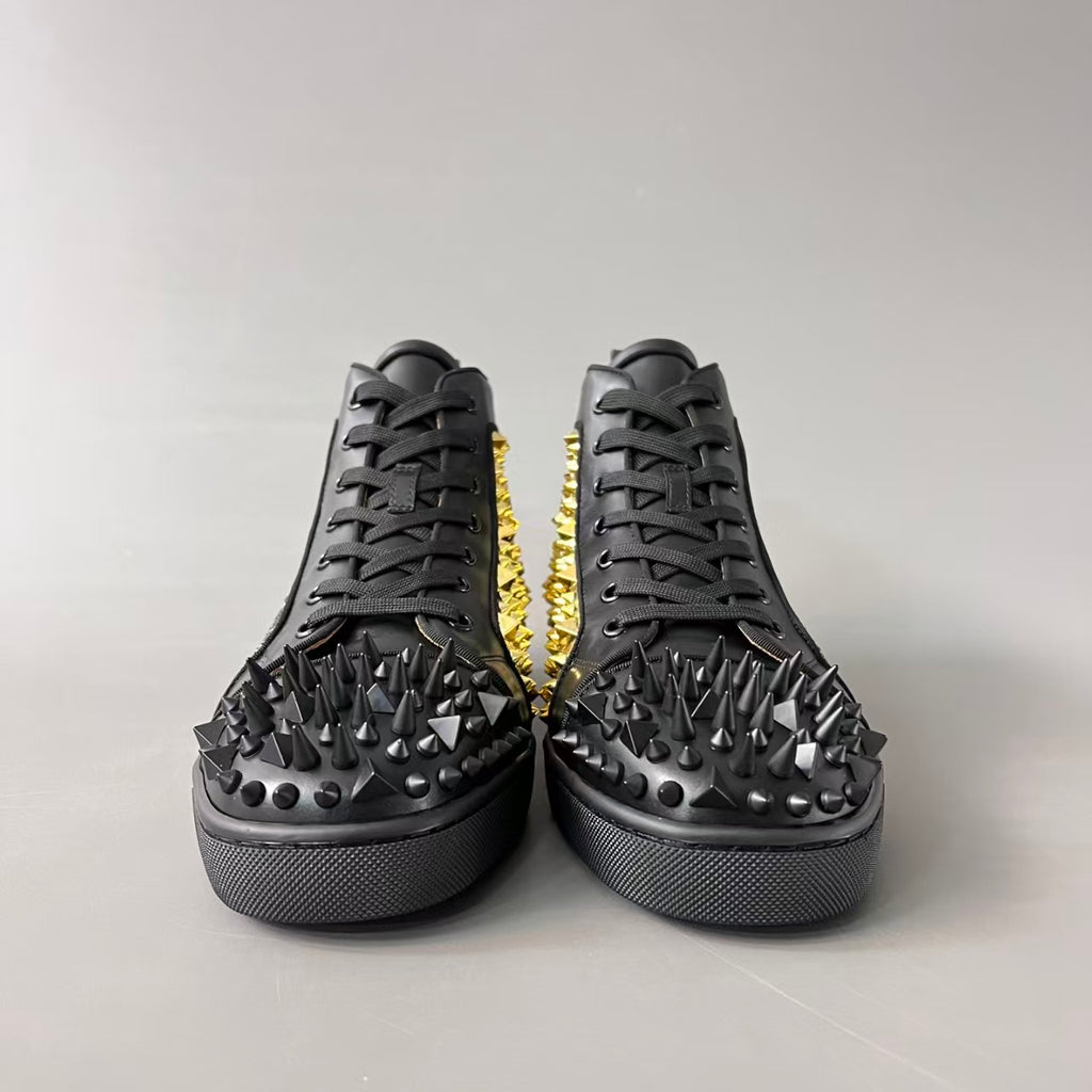 CL 【Red Sole】Lou Spikes high-top sneakers with black and gold studs.