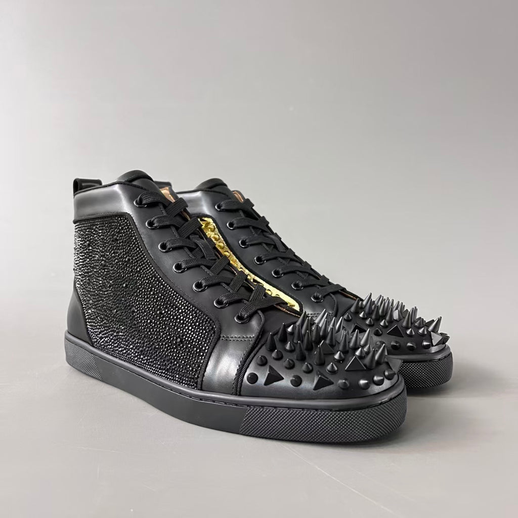 CL 【Red Sole】Lou Spikes high-top sneakers with black and gold studs.