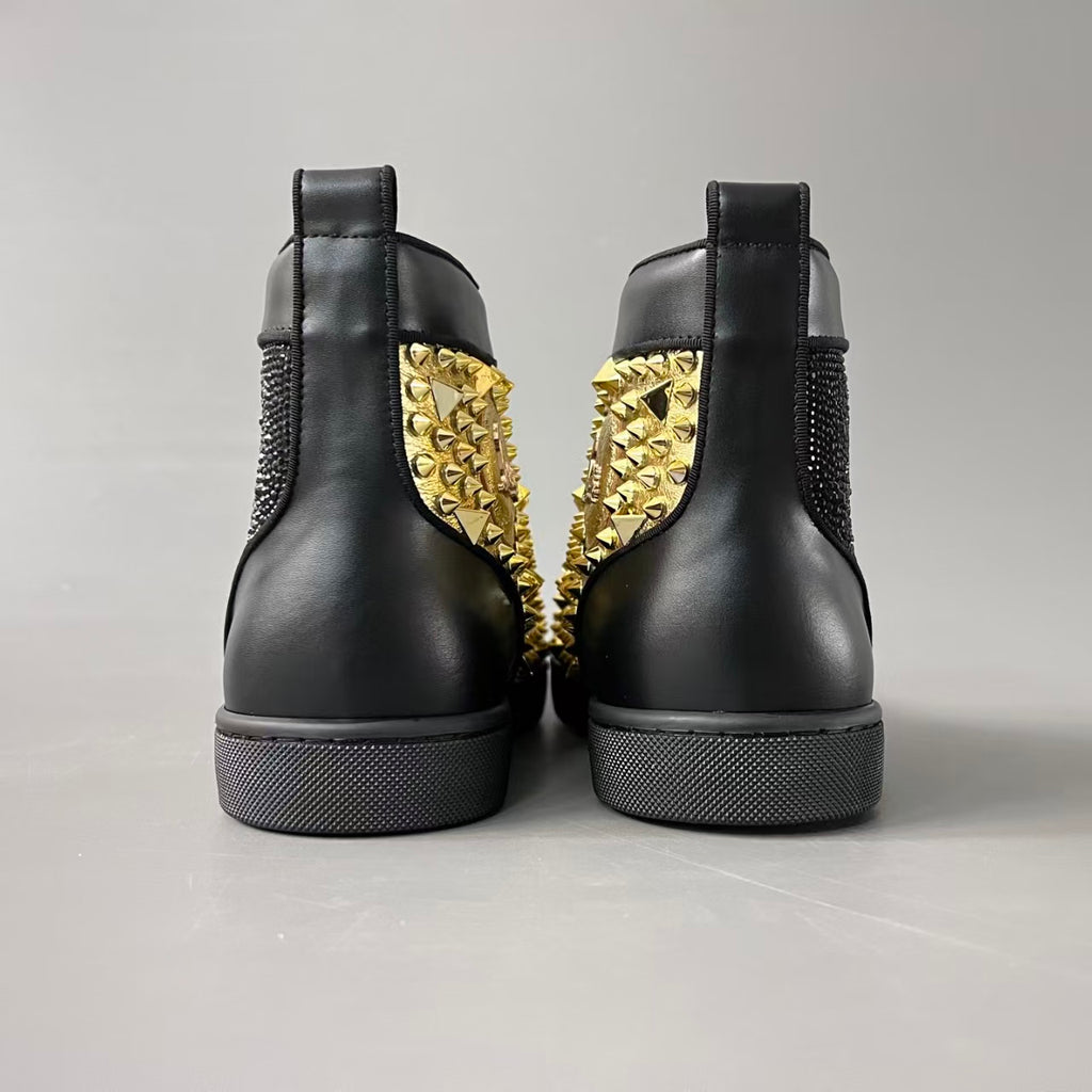 CL 【Red Sole】Lou Spikes high-top sneakers with black and gold studs.