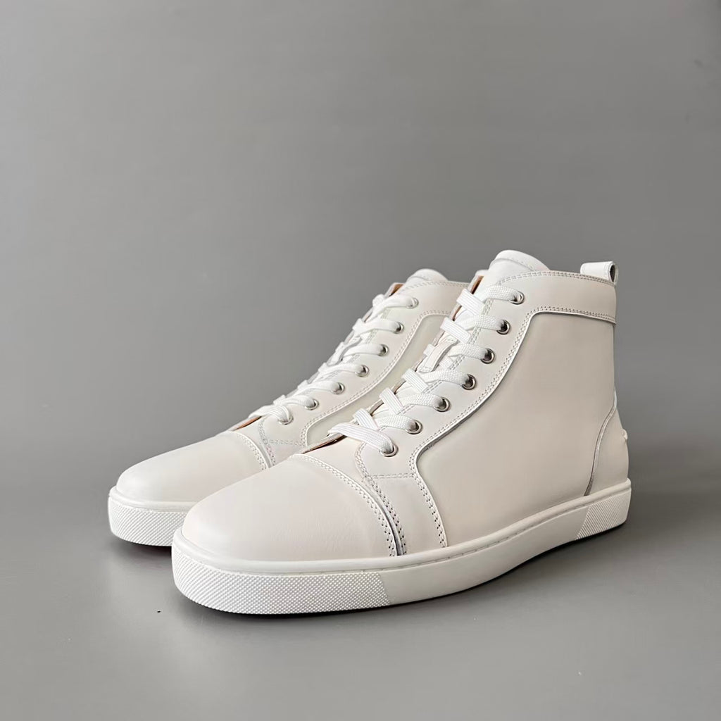 CL 【Red Sole】Lou Spikes high-top sneakers in white calfskin.