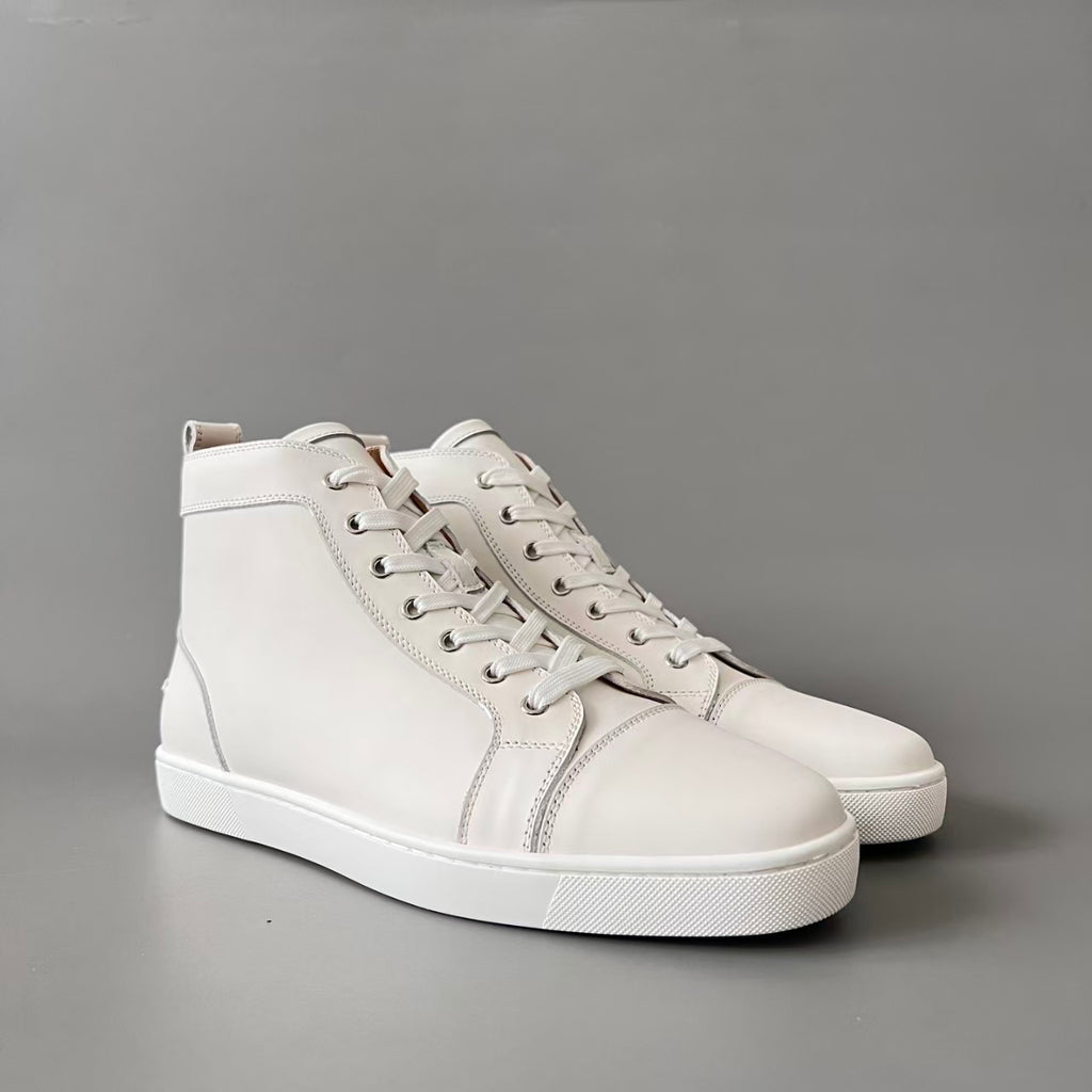 CL 【Red Sole】Lou Spikes high-top sneakers in white calfskin.