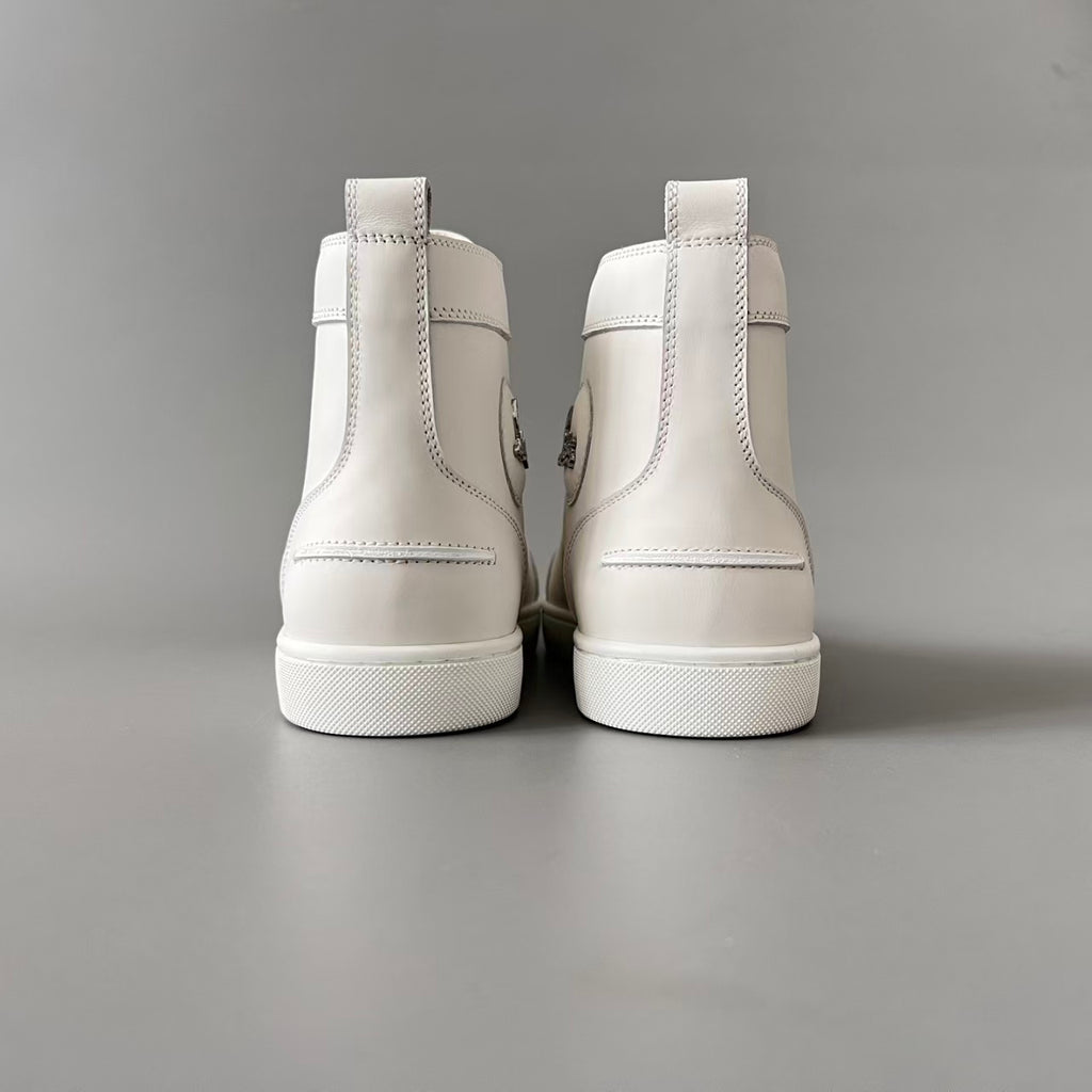 CL 【Red Sole】Lou Spikes high-top sneakers in white calfskin.