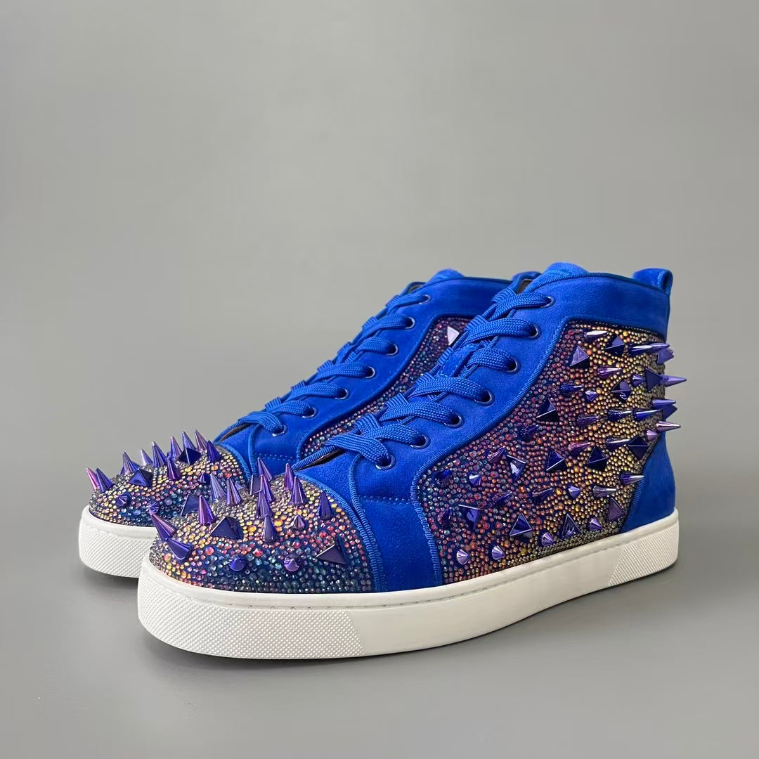 CL 【Red Sole】Lou Spikes high-top sneakers with blue rhinestone studs.
