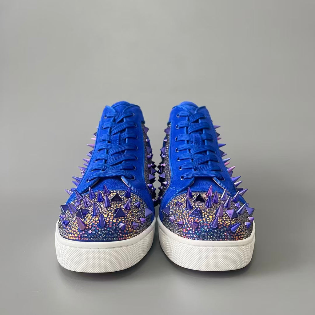 CL 【Red Sole】Lou Spikes high-top sneakers with blue rhinestone studs.
