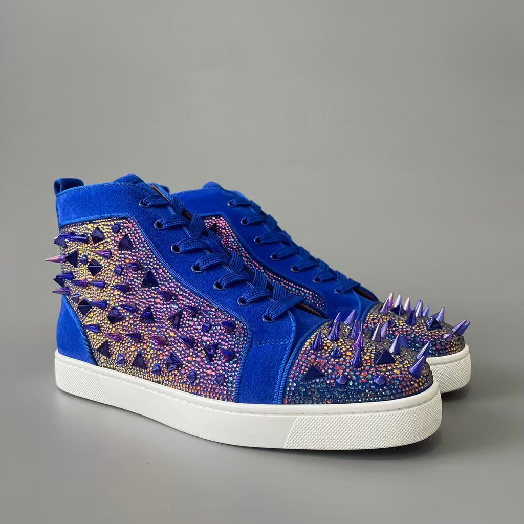 CL 【Red Sole】Lou Spikes high-top sneakers with blue rhinestone studs.