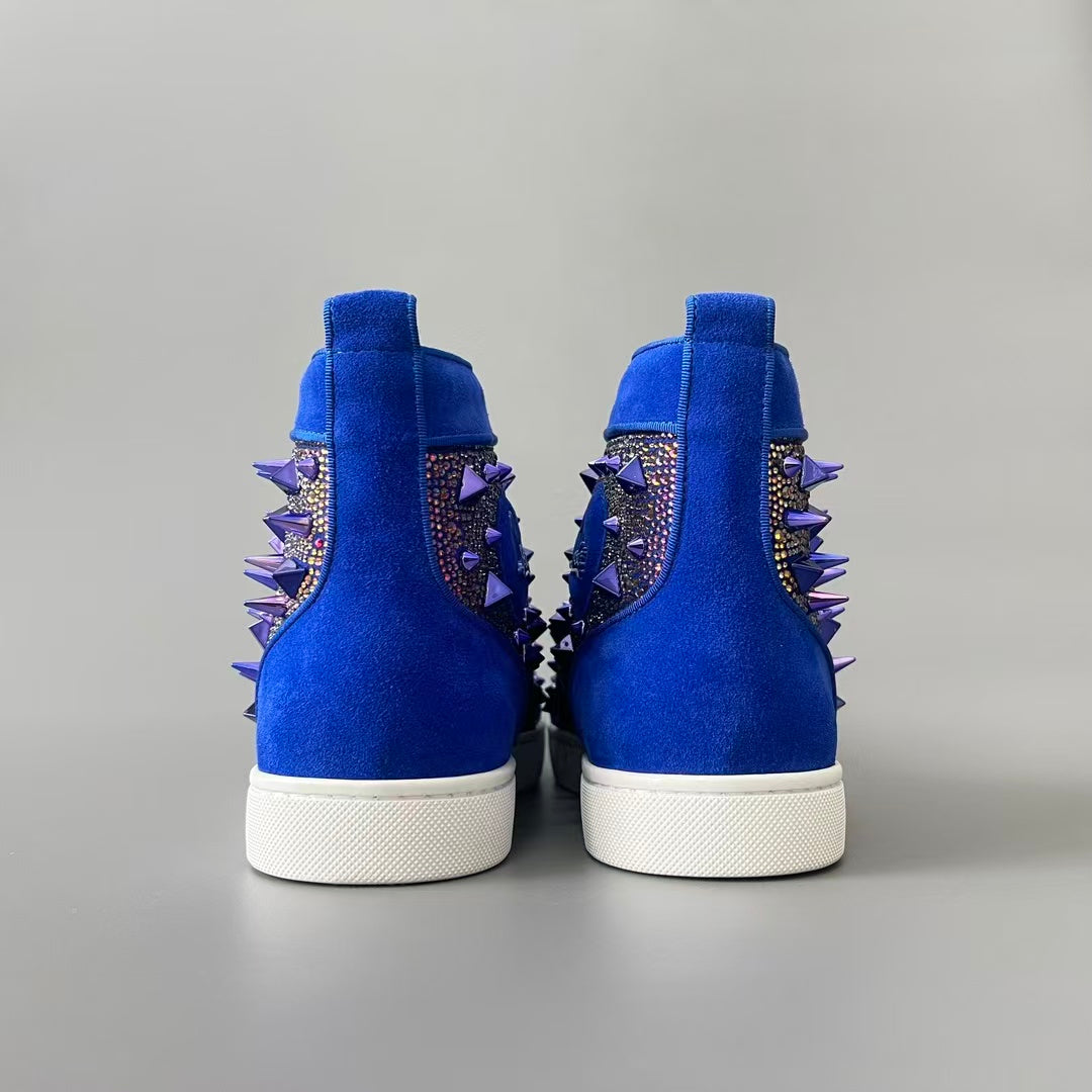 CL 【Red Sole】Lou Spikes high-top sneakers with blue rhinestone studs.