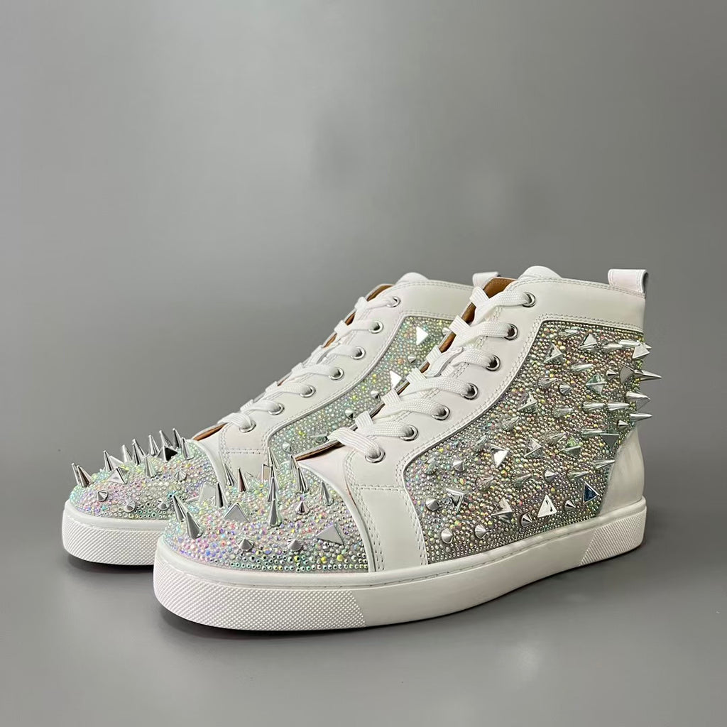 CL 【Red Sole】Lou Spikes high-top sneakers in white leather with multicolored crystal studs.