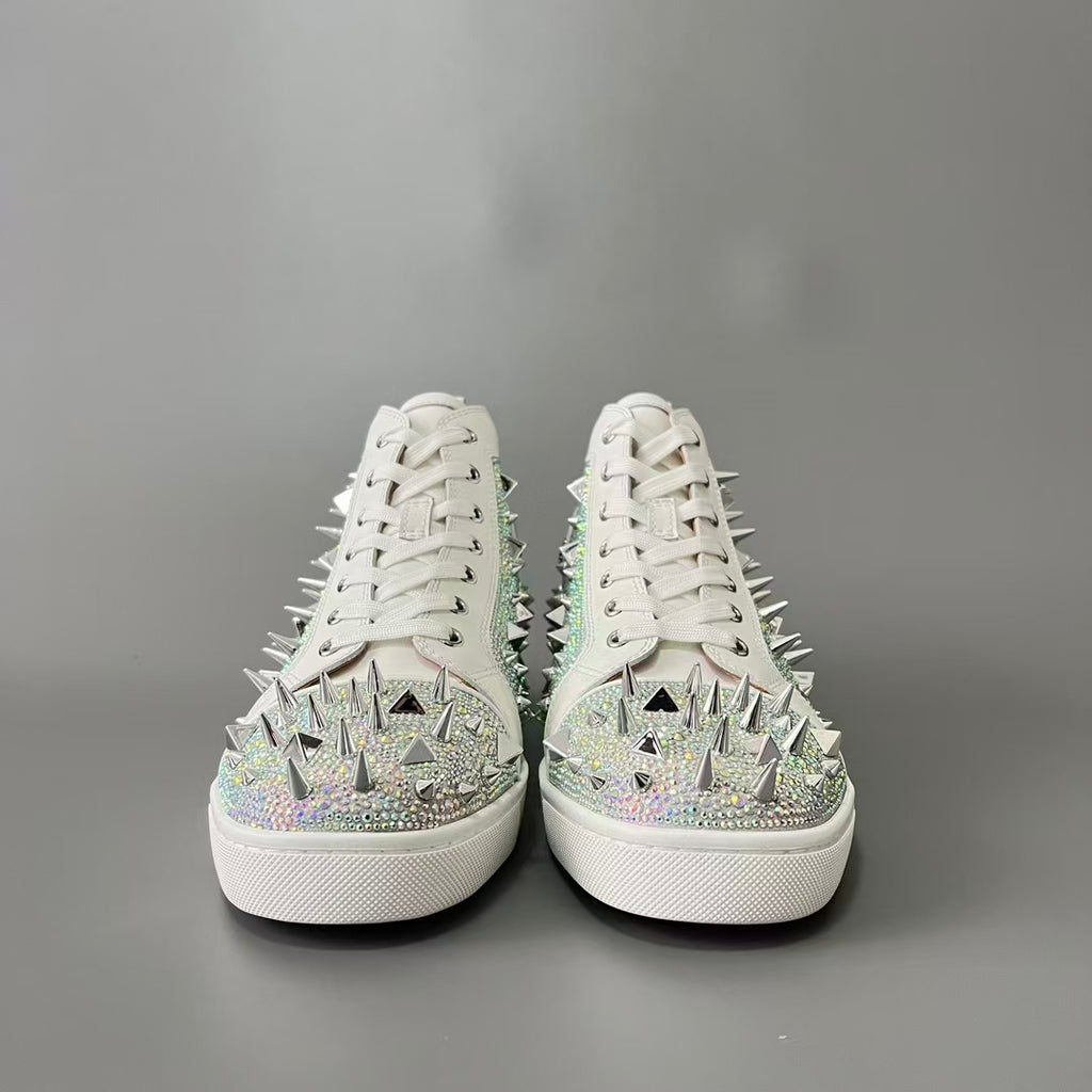 CL 【Red Sole】Lou Spikes high-top sneakers in white leather with multicolored crystal studs.