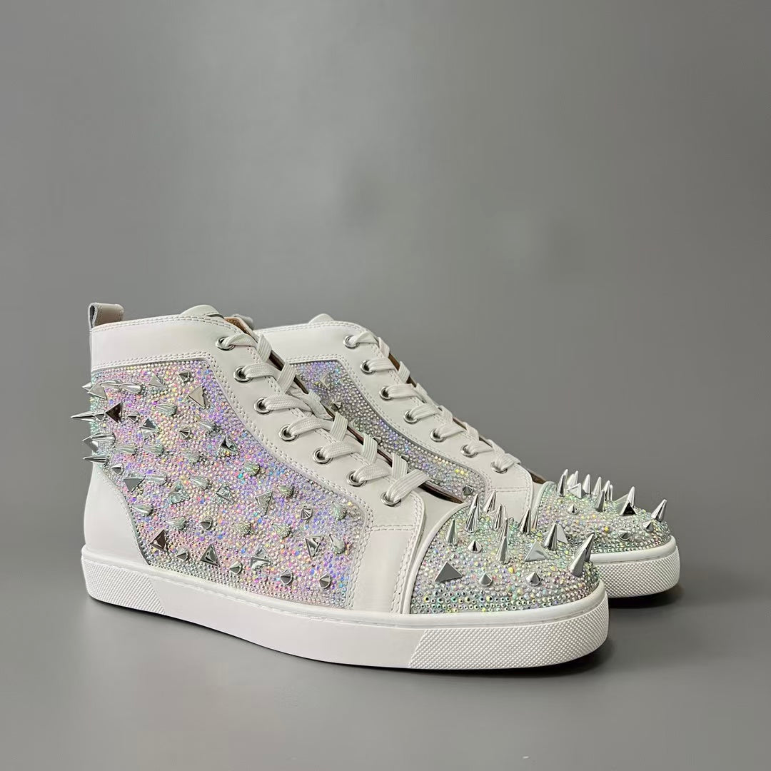 CL 【Red Sole】Lou Spikes high-top sneakers in white leather with multicolored crystal studs.