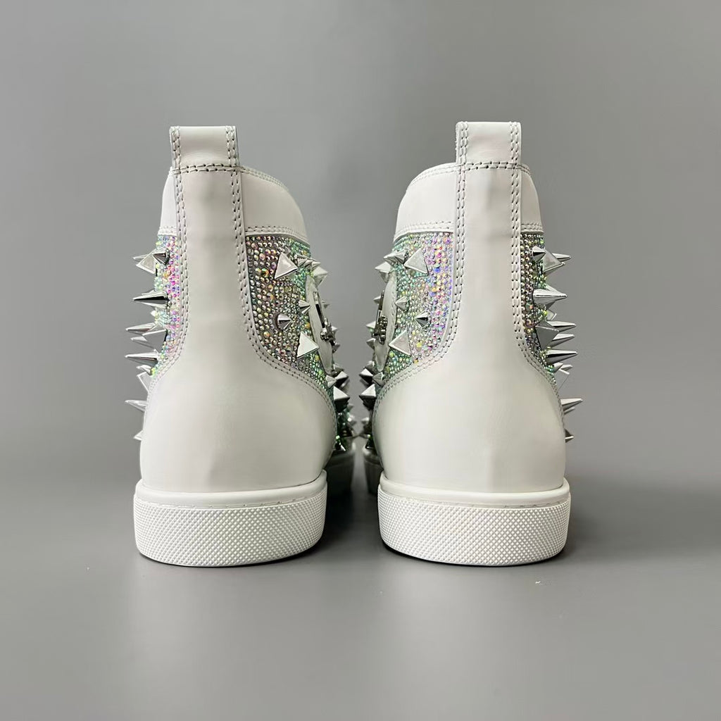 CL 【Red Sole】Lou Spikes high-top sneakers in white leather with multicolored crystal studs.