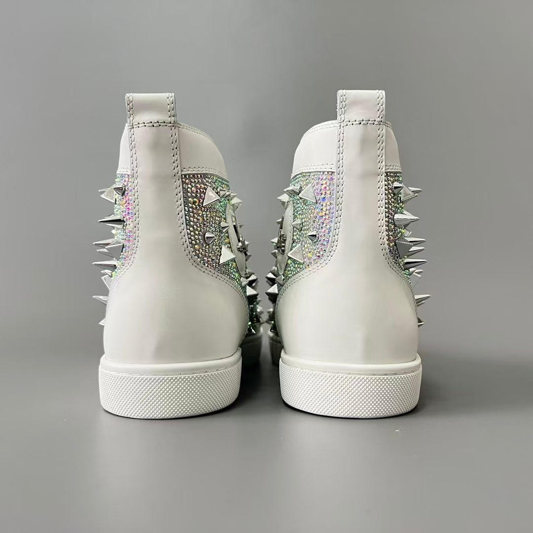 CL 【Red Sole】Lou Spikes high-top sneakers in white leather with multicolored crystal studs.