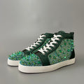 CL 【Red Sole】Lou Spikes high-top sneakers with green diamond-style studs.