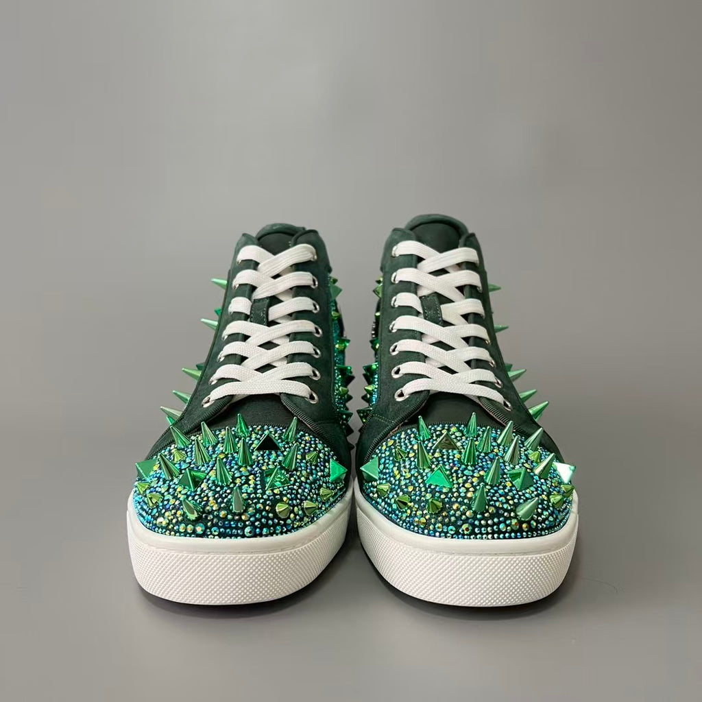 CL 【Red Sole】Lou Spikes high-top sneakers with green diamond-style studs.