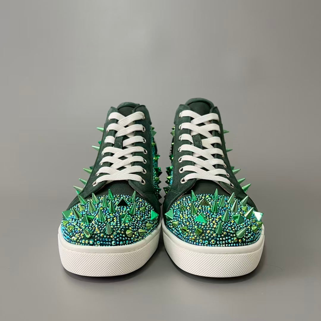 CL 【Red Sole】Lou Spikes high-top sneakers with green diamond-style studs.