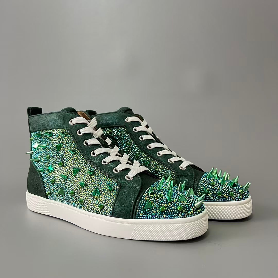 CL 【Red Sole】Lou Spikes high-top sneakers with green diamond-style studs.