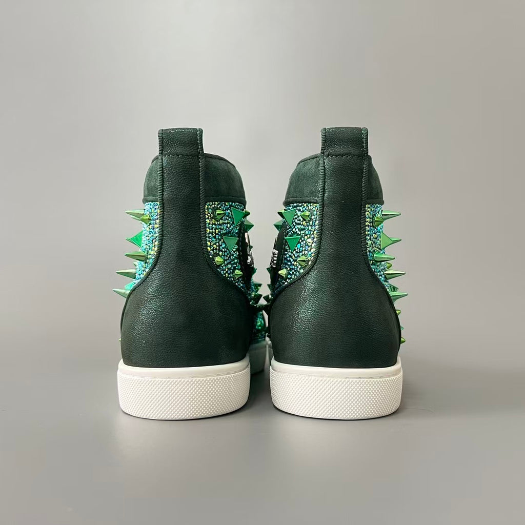 CL 【Red Sole】Lou Spikes high-top sneakers with green diamond-style studs.