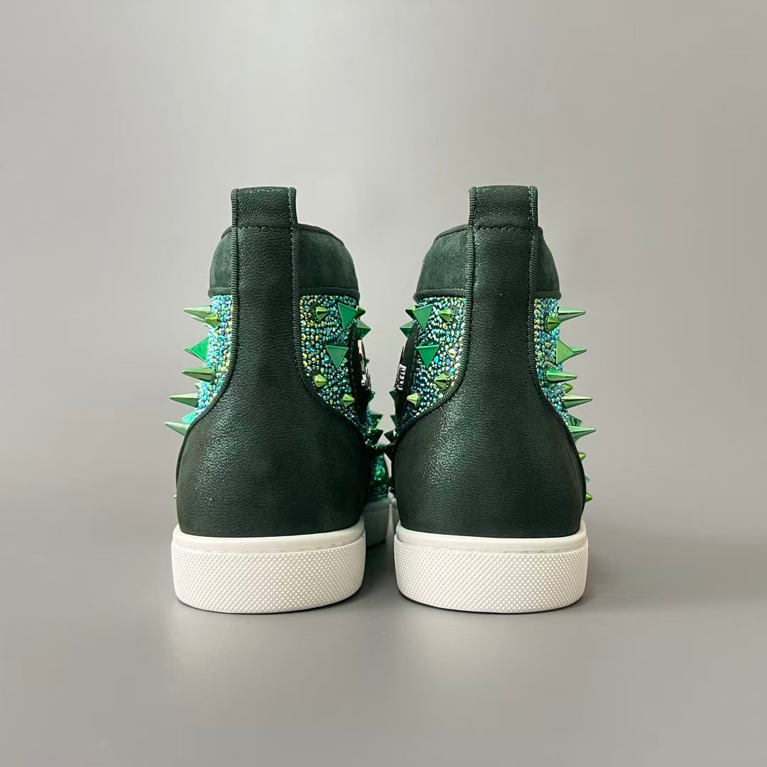 CL 【Red Sole】Lou Spikes high-top sneakers with green diamond-style studs.