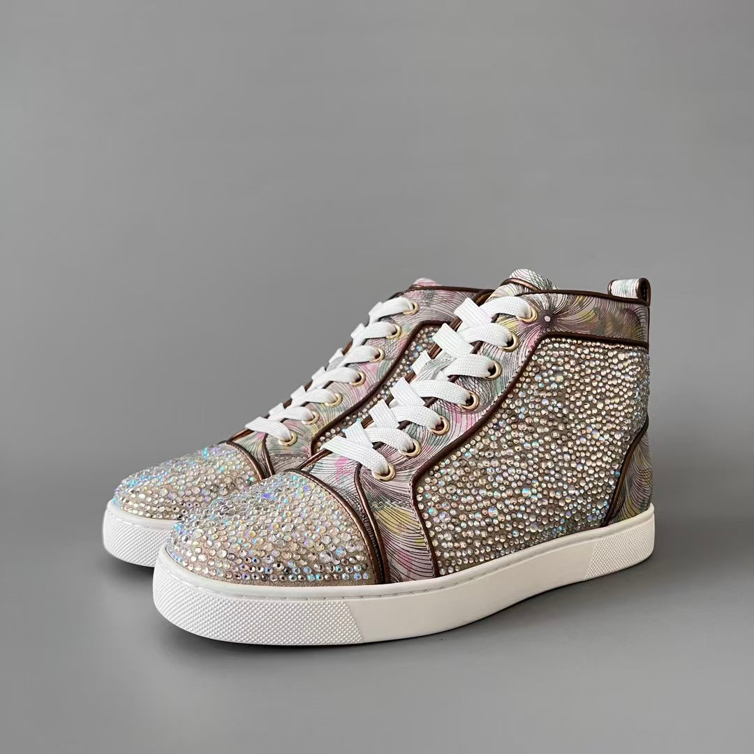 CL 【Red Sole】Lou Spikes high-top sneakers with colorful floral rhinestone embellishments.