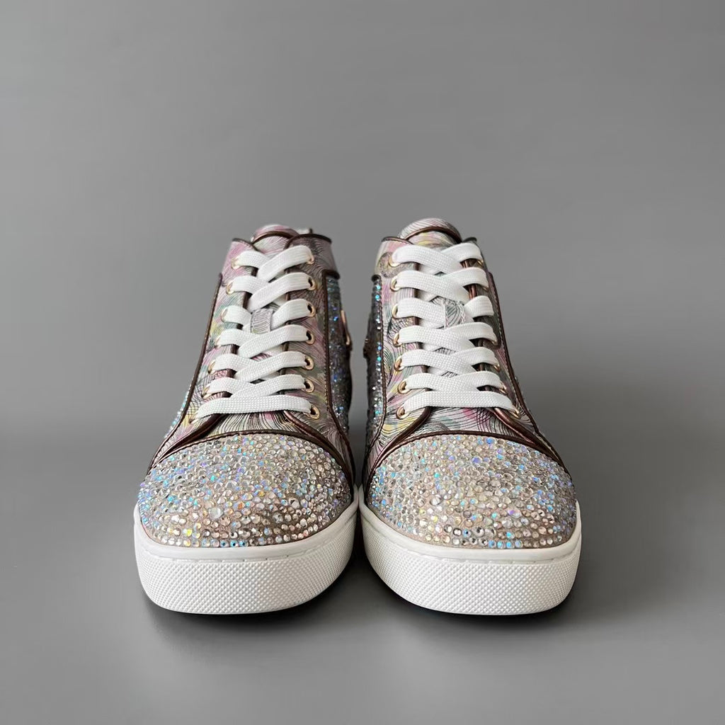 CL 【Red Sole】Lou Spikes high-top sneakers with colorful floral rhinestone embellishments.