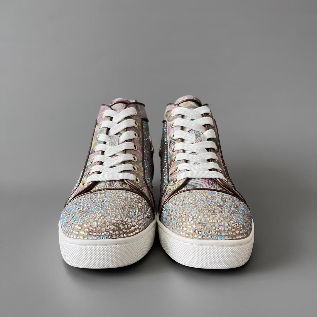 CL 【Red Sole】Lou Spikes high-top sneakers with colorful floral rhinestone embellishments.