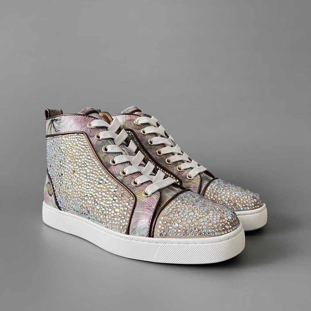CL 【Red Sole】Lou Spikes high-top sneakers with colorful floral rhinestone embellishments.
