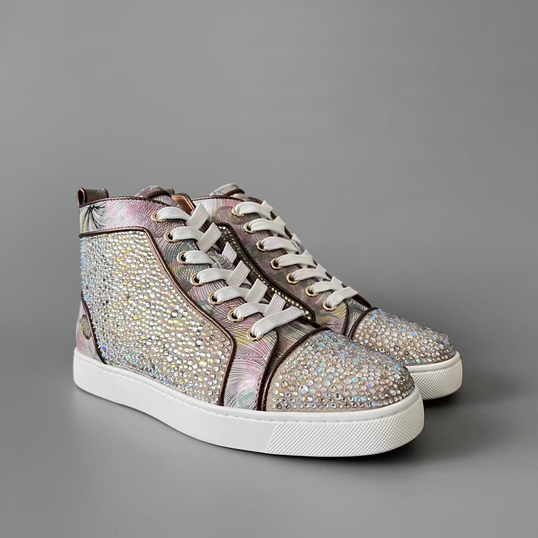CL 【Red Sole】Lou Spikes high-top sneakers with colorful floral rhinestone embellishments.