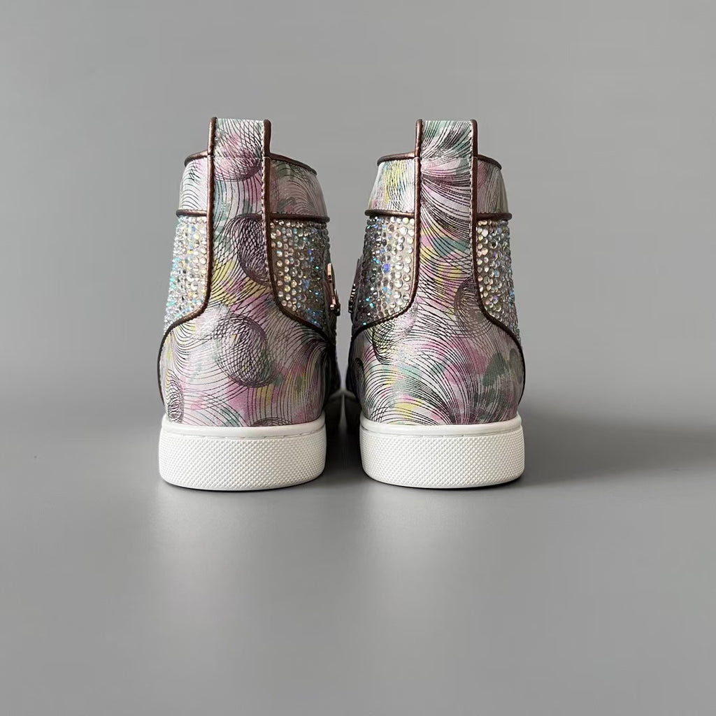 CL 【Red Sole】Lou Spikes high-top sneakers with colorful floral rhinestone embellishments.