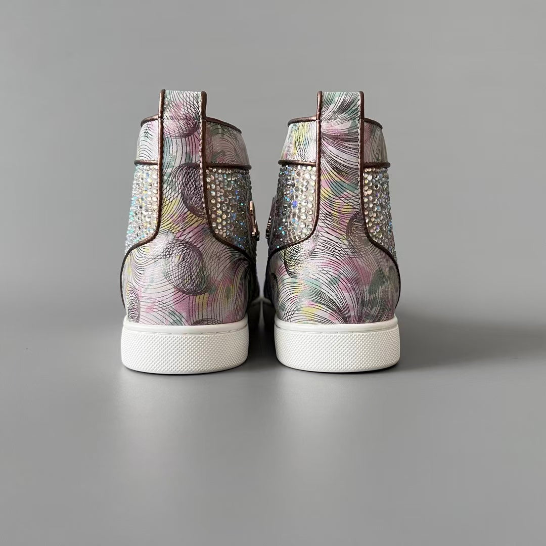CL 【Red Sole】Lou Spikes high-top sneakers with colorful floral rhinestone embellishments.