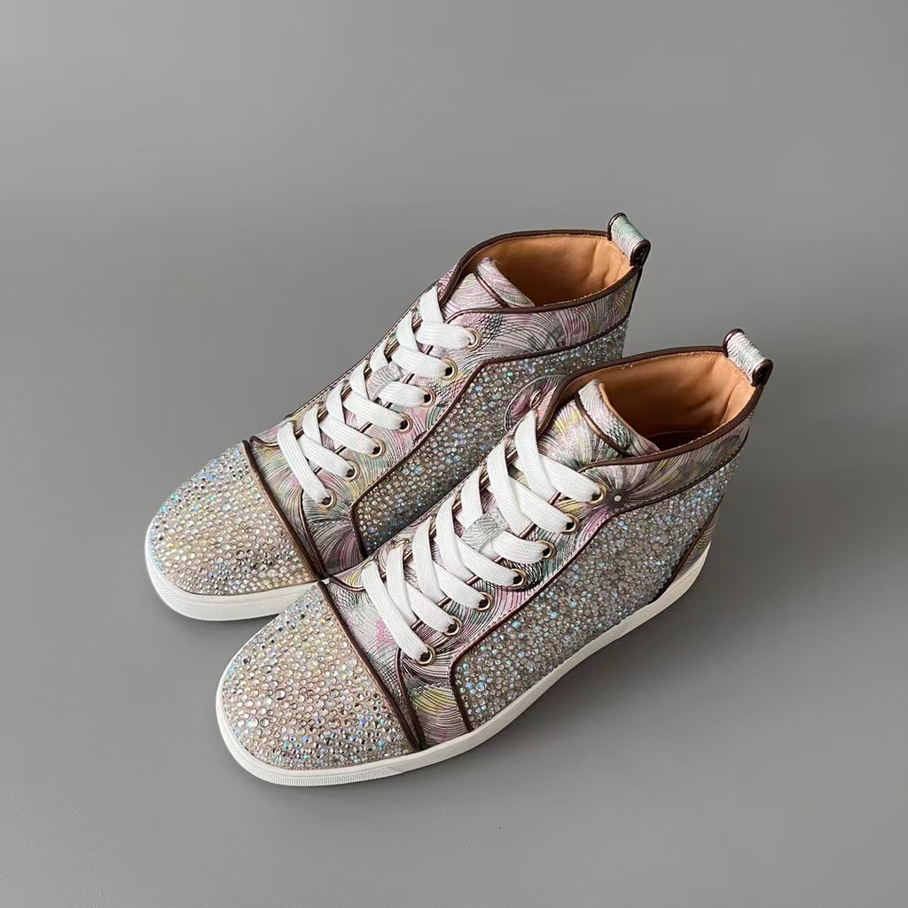 CL 【Red Sole】Lou Spikes high-top sneakers with colorful floral rhinestone embellishments.