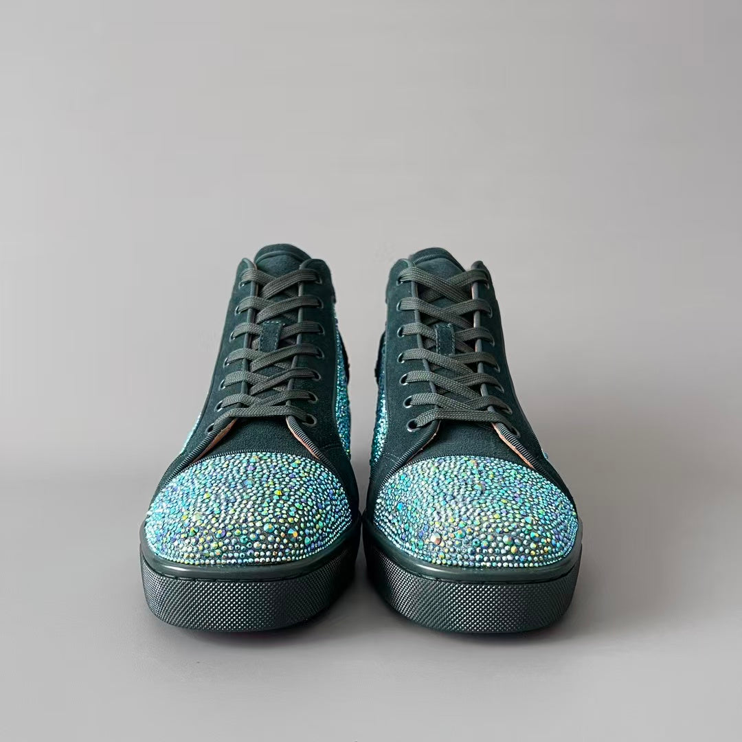 CL 【Red Sole】Lou Spikes high-top sneakers in green, fully embellished with crystals