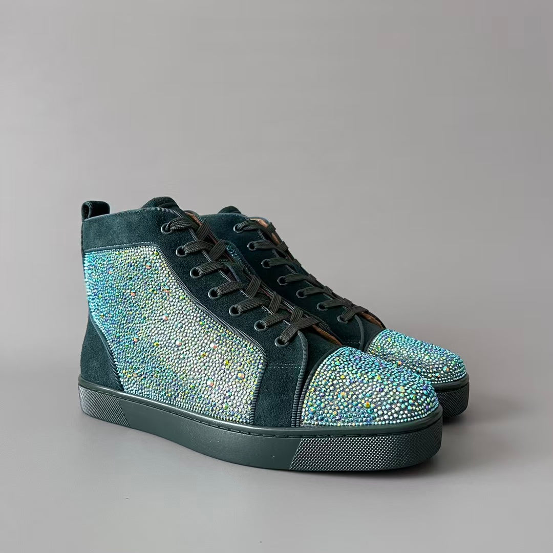 CL 【Red Sole】Lou Spikes high-top sneakers in green, fully embellished with crystals