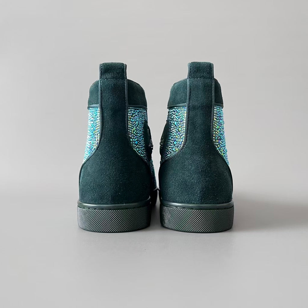 CL 【Red Sole】Lou Spikes high-top sneakers in green, fully embellished with crystals