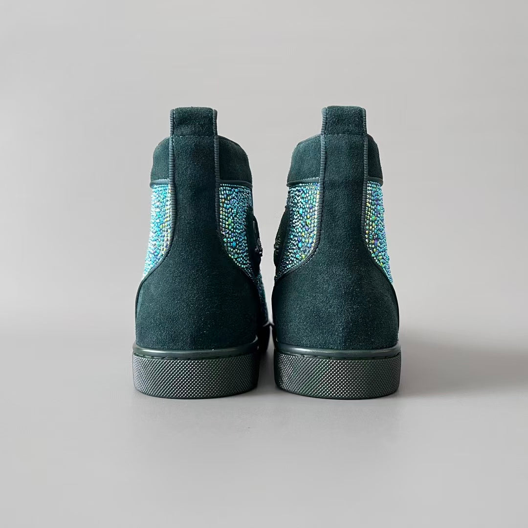 CL 【Red Sole】Lou Spikes high-top sneakers in green, fully embellished with crystals